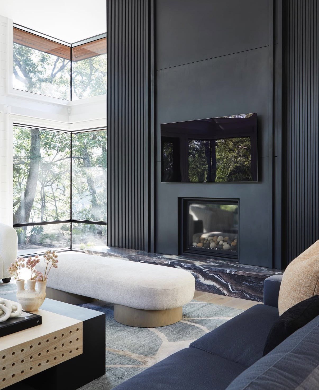 Slatted wall fireplace surround with custom panelling